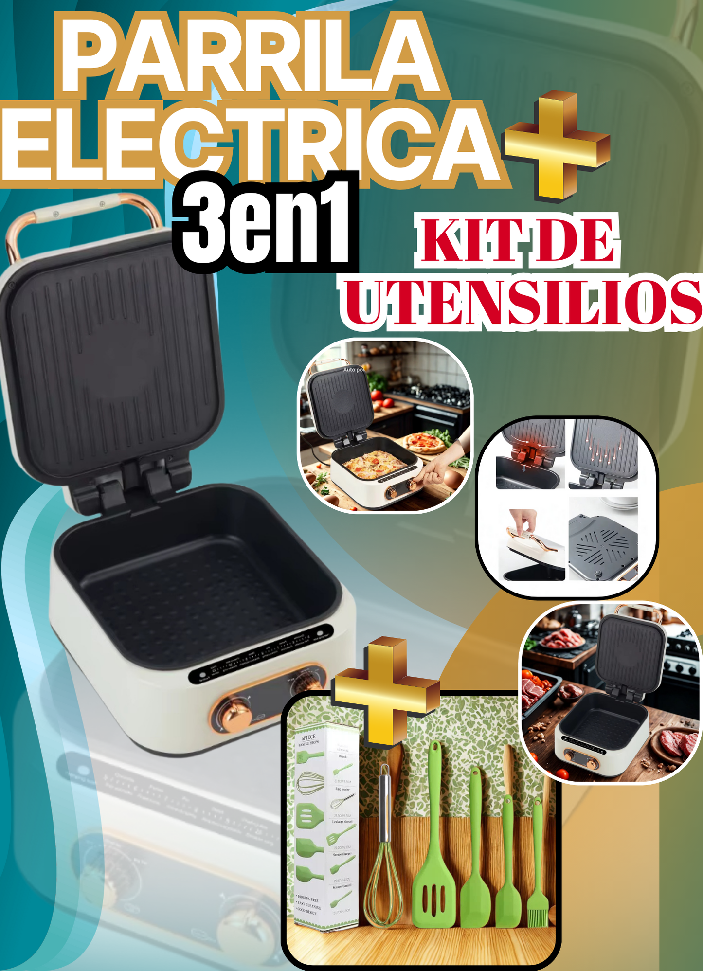 PARRILLA ELECTRICA 3EN1 + KIT DE UTENSILIOS
