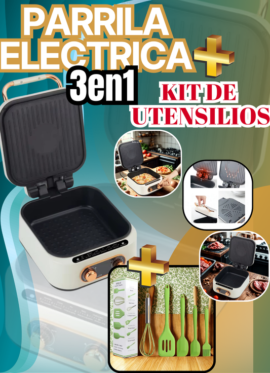 PARRILLA ELECTRICA 3EN1 + KIT DE UTENSILIOS